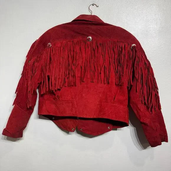 Outerbound by HMS Red Cropped Fringe Vintage Leather Jacket Sz M - Picture 13 of 16